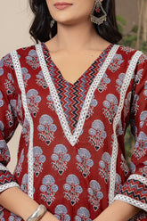 Red Dahlia Cotton Kurta Set - Rouhab
